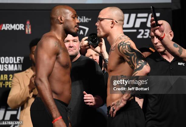 Jon Jones and Anthony Smith face off during the UFC 235 weigh-in at T-Mobile Arena on March 01, 2019 in Las Vegas, Nevada.