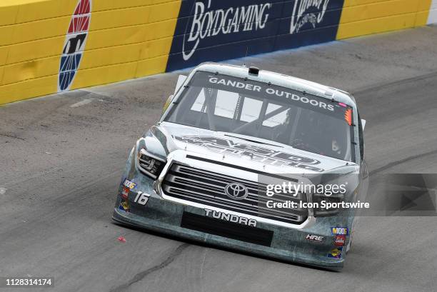 Austin Hill Hattori Racing Enterprises Toyota Tundra drives through turn two during qualifying for NASCAR Gander Outdoors Truck Series The Strat 200...