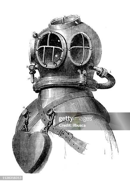 antike darstellung der wissenschaftlichen entdeckungen: tiefsee tauchen - deep sea diver vintage stock-grafiken, -clipart, -cartoons und -symbole