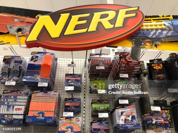 Hasbro toys are displayed at a Target store on February 08, 2019 in San Rafael, California. Hasbro reported fourth quarter earnings that fell short...