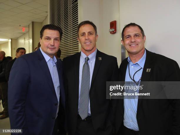 Former New York Rangers Ed Olczyk, Doug Lidster and Mike Hartman meet with the media prior to the Rangers game against the Carolina Hurricanes at...