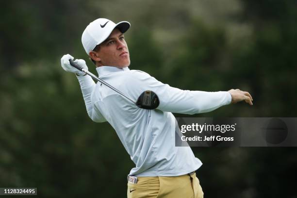 Cameron Champ of the United States plays his shot from the third tee during the second round of the AT&T Pebble Beach Pro-Am at Pebble Beach Golf...