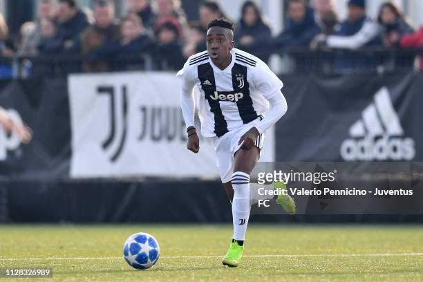 Franco Tongya of Juventus U17 in action during the match between Juventus U17 and Torino FC U17 at Juventus Center Vinovo on February 3, 2019 in...