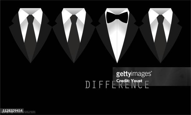 black business suit with a tie and bow tie difference concept - dinner jacket stock illustrations