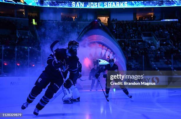 Brent Burns of the San Jose Sharks takes the ice against the Colorado Avalanche at SAP Center on March 1, 2019 in San Jose, California