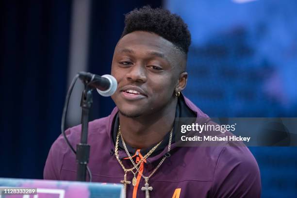 Brown #WO04 of the Mississippi Rebels is seen at the 2019 NFL Combine at Lucas Oil Stadium on March 1, 2019 in Indianapolis, Indiana.