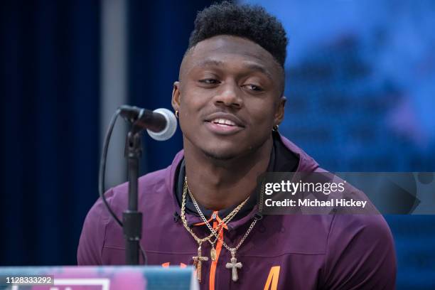 Brown #WO04 of the Mississippi Rebels is seen at the 2019 NFL Combine at Lucas Oil Stadium on March 1, 2019 in Indianapolis, Indiana.