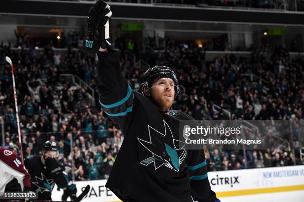 Joe Pavelski of the San Jose Sharks celebrates a goal against the Colorado Avalanche at SAP Center on March 1, 2019 in San Jose, California
