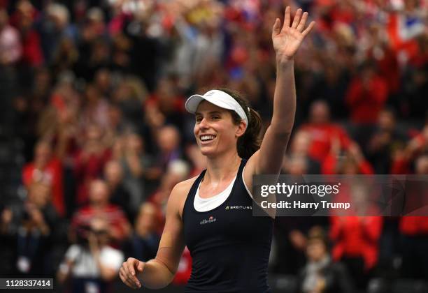 Johanna Konta of Great Britain celebrates after winning during Day Three of the Fed Cup Europe and Africa Zone Group I at the University of Bath on...