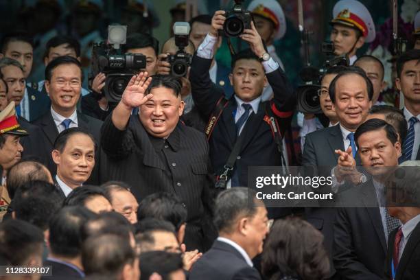 North Korean leader Kim Jong-un waves as he prepares to leave Vietnam by train after a two day official visit preceded by the DPRK-USA Hanoi summit,...