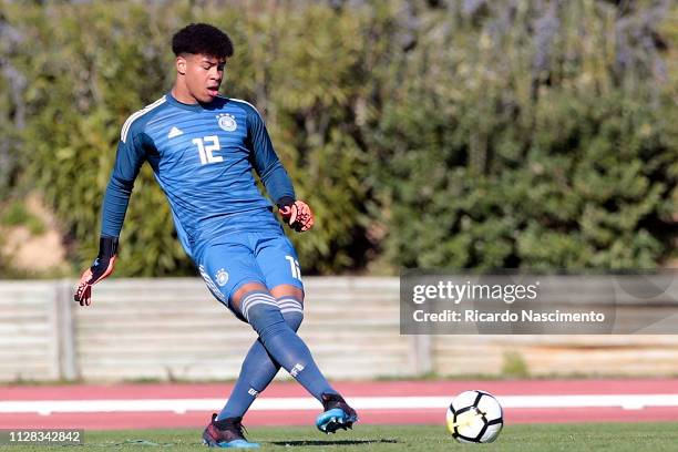 Noah Atubolu of Germany U17 during U17-Juniors Algarve Cup match between U17 Portugal and U17 Germany at Bela Vista Stadium on February 8, 2019 in...