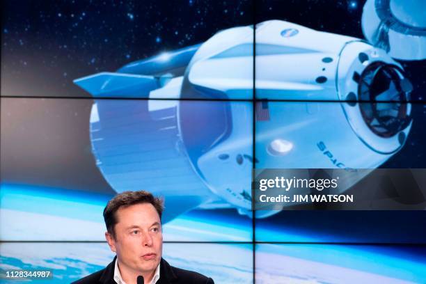 SpaceX chief Elon Musk speaks during a press conference after the launch of SpaceX Crew Dragon Demo mission at the Kennedy Space Center in Florida on...