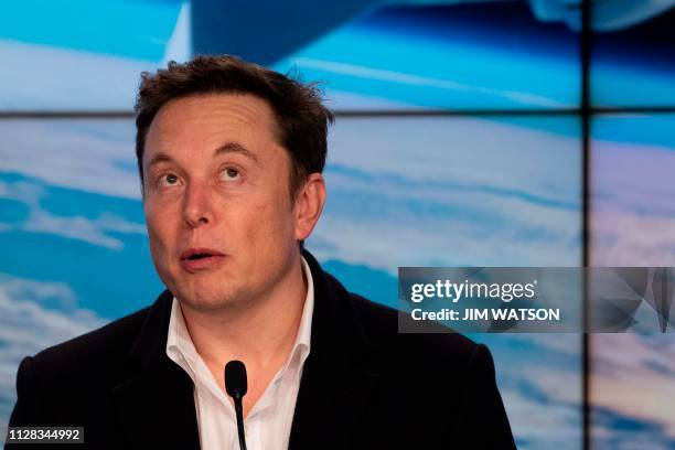 SpaceX chief Elon Musk speaks during a press conference after the launch of SpaceX Crew Dragon Demo mission at the Kennedy Space Center in Florida on...