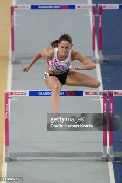 Stephanie Bendrat of Austria competes in the qualification races of the women's 60m hurdle event on March 2, 2019 in Glasgow, United Kingdom.