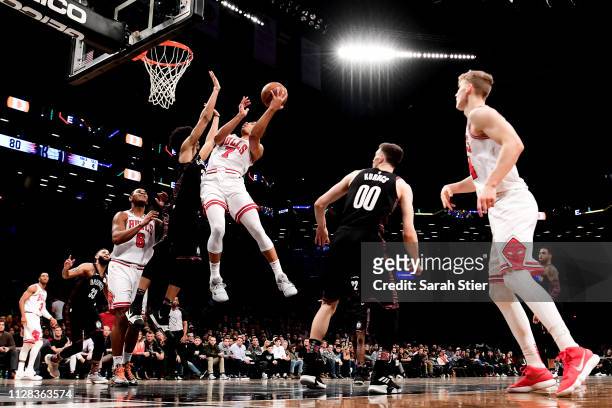 Timothe Luwawu-Cabarrot of the Chicago Bulls attempts a layup during the second half of the game against the Brooklyn Nets at Barclays Center on...
