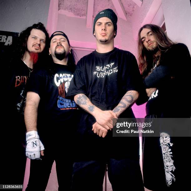 Portrait of American Rock group Pantera backstage at the Aragon Ballroom, Chicago, Illinois, June 15, 1992. Pictured are, from left, brothers Dimebag...