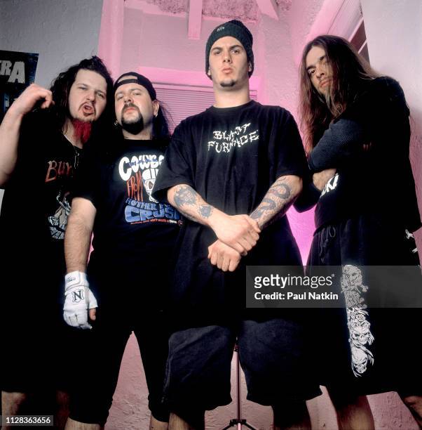 Portrait of American Rock group Pantera backstage at the Aragon Ballroom, Chicago, Illinois, June 15, 1992. Pictured are, from left, brothers Dimebag...