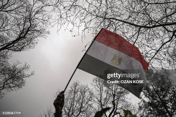 Woman waves an Egyptian flag in front of the Egyptian consulate in Istanbul on march 2, 2019 during a demonstration against death penalties in Egypt...