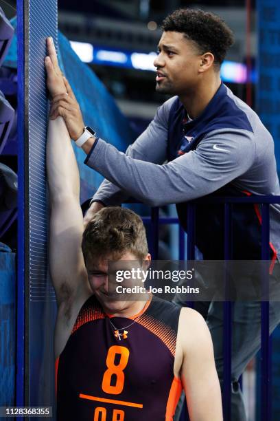 Quarterback Drew Lock of Missouri has measurements taken during day three of the NFL Combine at Lucas Oil Stadium on March 2, 2019 in Indianapolis,...