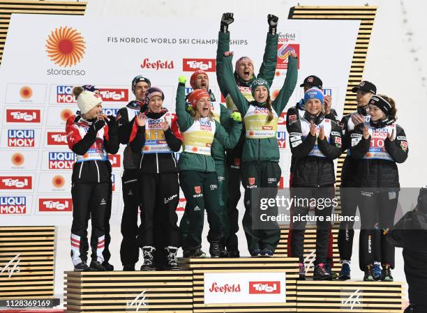 March 2019, Austria, Seefeld: Nordic Skiing: World Championships, Ski Jumping - Team Jumping, Mixed, runners-up from Austria with Eva Pinkelnig,...