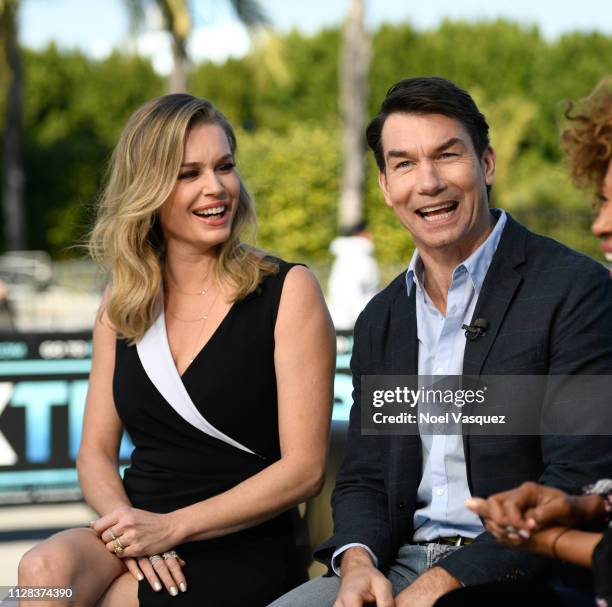 Rebecca Romijn and Jerry O'Connell visit "Extra" at Universal Studios Hollywood on February 08, 2019 in Universal City, California.