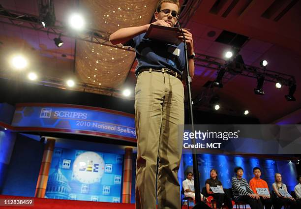 Andrew Grose of Sheboygan, Wisconsin, correctly spells mauka in the 6th round of the championship at the National Spelling Bee at the Grand Hyatt...
