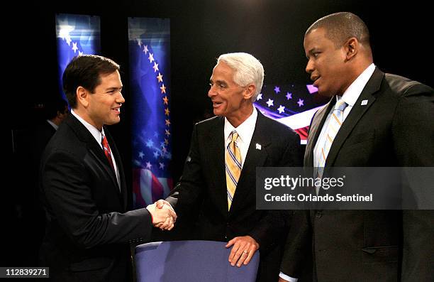 Florida U.S. Senate candidates, from left, Marco Rubio, Charlie Crist and Kendrick Meek greet each other before the start of their debate at the...