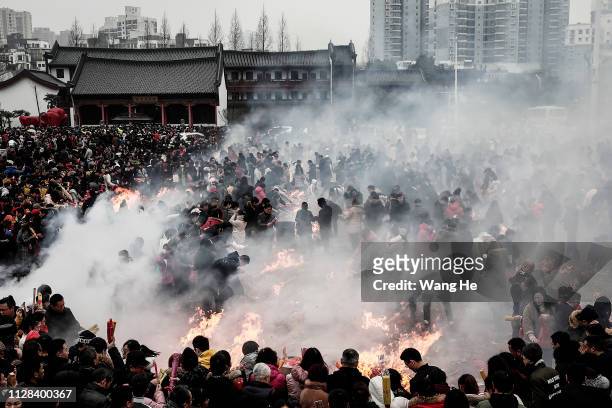 The People worship the God of Fortune at the Guiyuan Temple on February 09, 2019 in Wuhan, Hubei province, China. The fifth day in the lunar new year...
