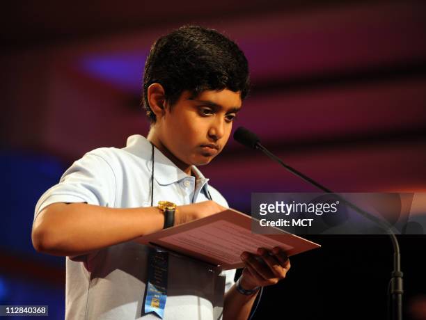 Vaidya Govindarajan of Miami, Florida, correctly spells scalare in the semifinals of the National Spelling Bee at the Grand Hyatt Hotel in...
