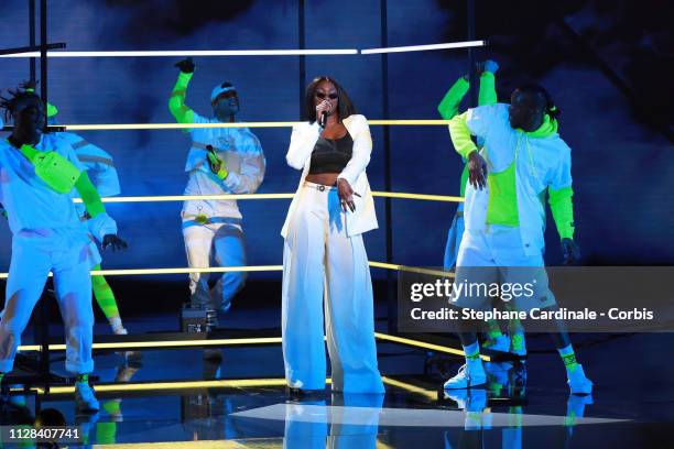 Singer Aya Nakamura performs during the 34th 'Les Victoires De La Musique' Show at La Seine Musicale on February 08, 2019 in Boulogne-Billancourt,...