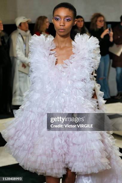 Model walks the runway for the Tomo Koizumo Ready to Wear Fall/Winter 2019-2020 fashion show during New York Fashion Week on February 8, 2019 in New...