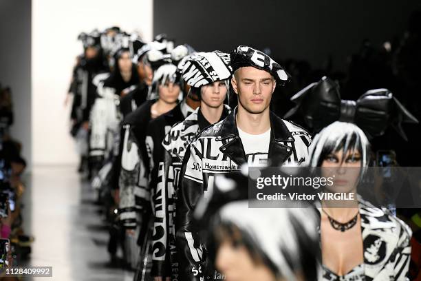 Model walks the runway for the Jeremy Scott Ready to Wear Fall/Winter 2019-2020 fashion show during New York Fashion Week on February 8, 2019 in New...