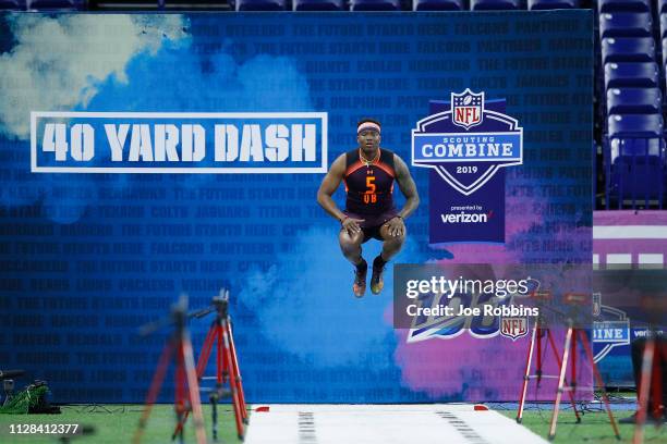 Quarterback Dwayne Haskins of Ohio State gets ready to run the 40-yard dash during day three of the NFL Combine at Lucas Oil Stadium on March 2, 2019...