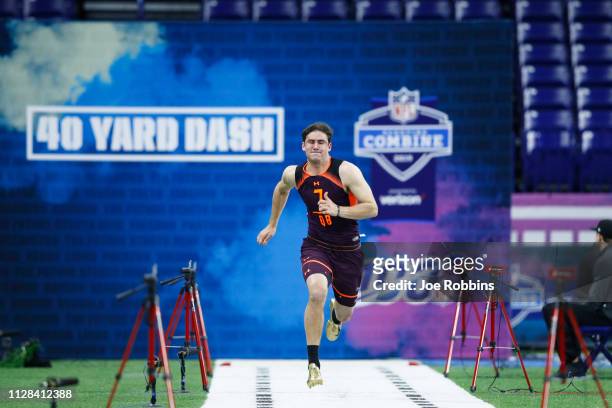 Quarterback Daniel Jones of Duke runs the 40-yard dash during day three of the NFL Combine at Lucas Oil Stadium on March 2, 2019 in Indianapolis,...