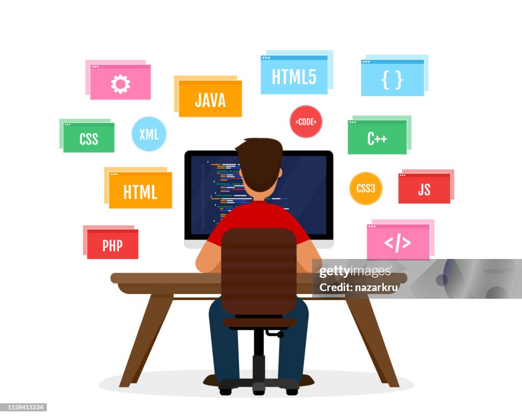 Programmer Working On The Computer Back View Programming And ...