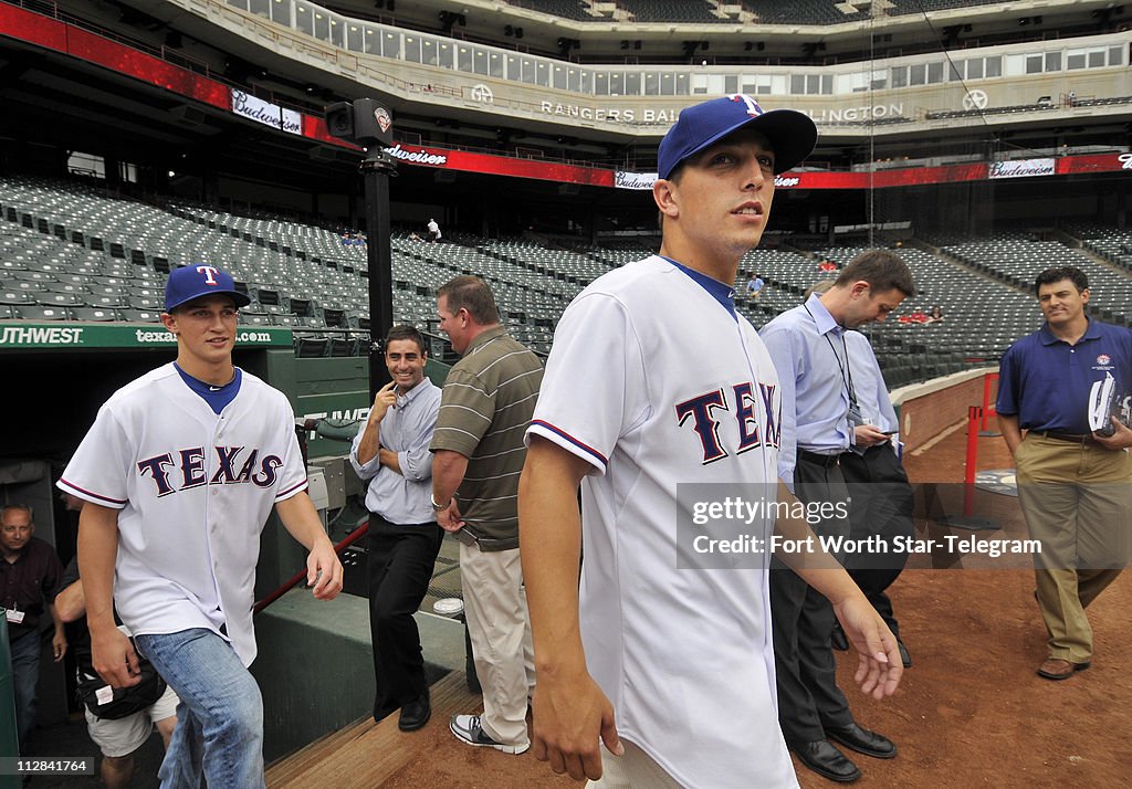 Texas Rangers draft picks Kellin Deglan, left, and Jake Skole, right
