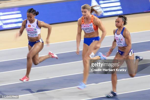 Ezinne Okparaebo of Norway, Daphne Schippers of the Netherlands and Rachel Miller of Great Britain compete in the semifnals of the women's 60m event...
