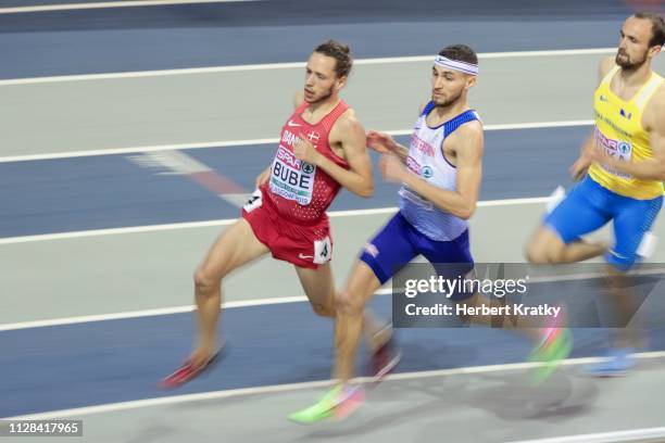 Andreas Bube of Denmark, Joe Reid of Great Britain and Amel Tuka of Bosnia and Herzegowina compete in the semifnals of the men's 800m event on March...