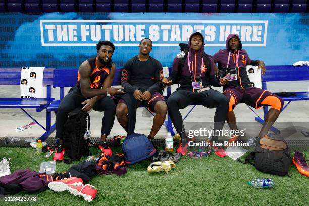 Wide receivers Parris Campbell and Terry McLaurin of Ohio State, Emmanuel Butler of Northern Arizona and Tyre Brady of Marshall look on during day...