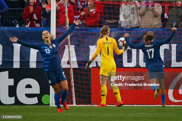 Alex Morgan and Tobin Heath of the USA celebrate after a goal against Englad during the first half of the 2019 SheBelieves Cup match between USA and...