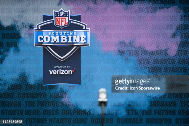 An empty podium with the Scouting Combine logo during the NFL Scouting Combine on March 2, 2019 at the Indiana Convention Center in Indianapolis, IN.