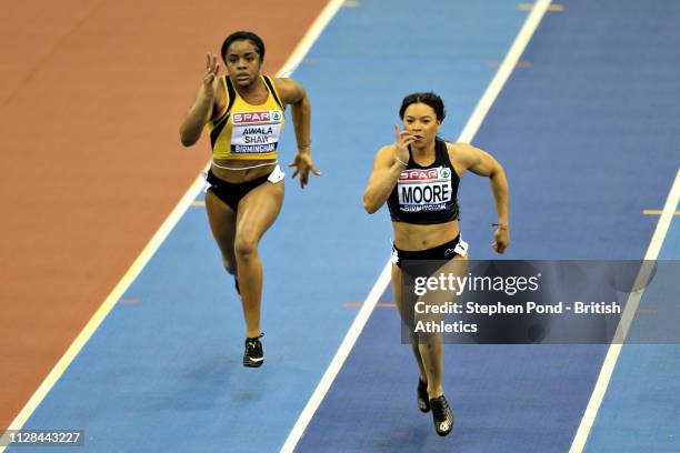 Mica Moore of Great Britain competes in Heat 2 of the Womens 60m during Day One of the SPAR British Athletics Indoor Championships at Arena...