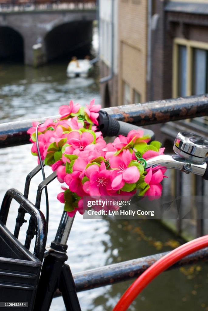 Dutch bicycle with plastic roses on handlebars next to canal