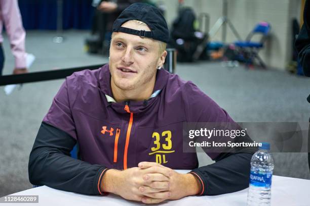 Eastern Michigan defensive lineman Maxx Crosby answers questions from the media during the NFL Scouting Combine on March 02, 2019 at the Indiana...