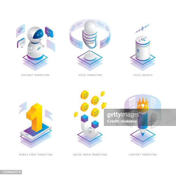 marketing trends isometrische symbole - artificial intelligence marketer stock-grafiken, -clipart, -cartoons und -symbole