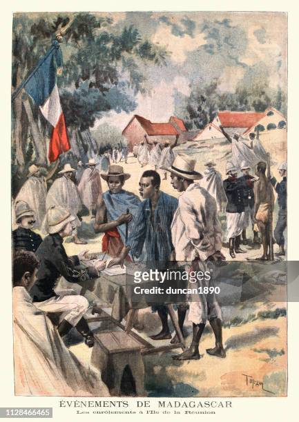 ilustraciones, imágenes clip art, dibujos animados e iconos de stock de ejército francés alistar reclutas en la isla de la reunión, 1895 - reunion island