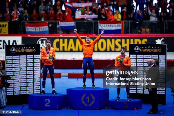 Kjeld Nuis, Kai Verbij and Thomas Krol of Netherlands pose in the Men's 1000m medal ceremony during day 3 of the ISU World Single Distances Speed...