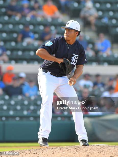 Jose Manuel Fernandez of the Detroit Tigers pitches during the Spring Training game against the Atlanta Braves at Publix Field at Joker Marchant...