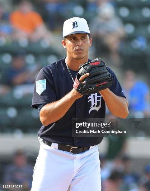 Jose Manuel Fernandez of the Detroit Tigers pitches during the Spring Training game against the Atlanta Braves at Publix Field at Joker Marchant...