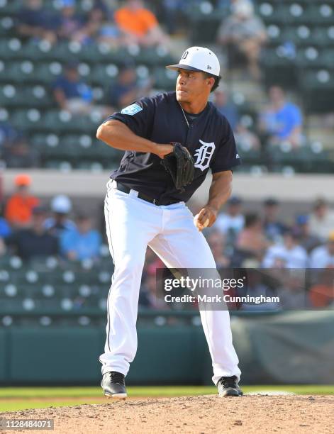 Jose Manuel Fernandez of the Detroit Tigers pitches during the Spring Training game against the Atlanta Braves at Publix Field at Joker Marchant...